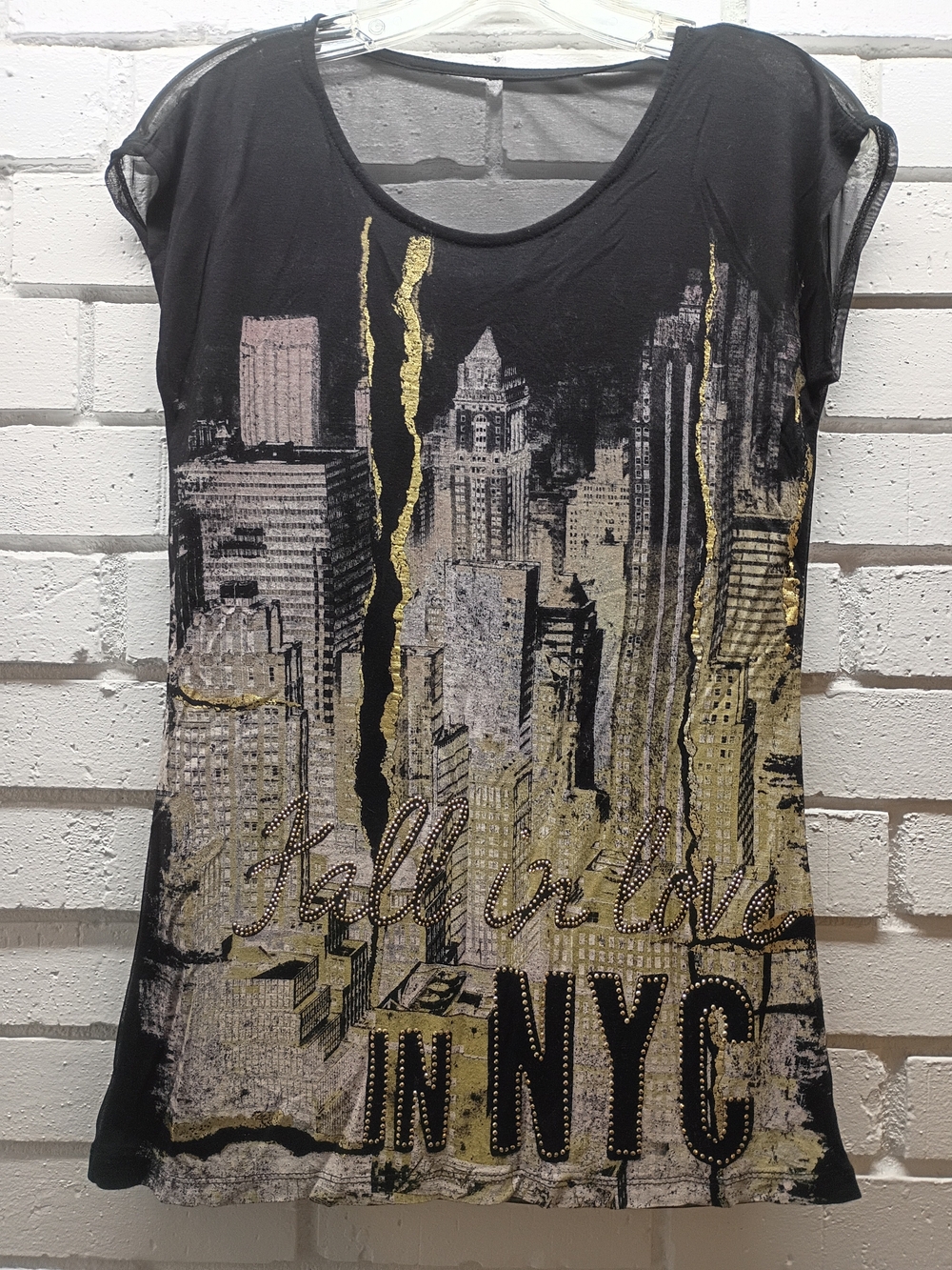 Women’s Black 'Fall in Love in NYC' Graphic Top Made In USA Size S Sheer Back
